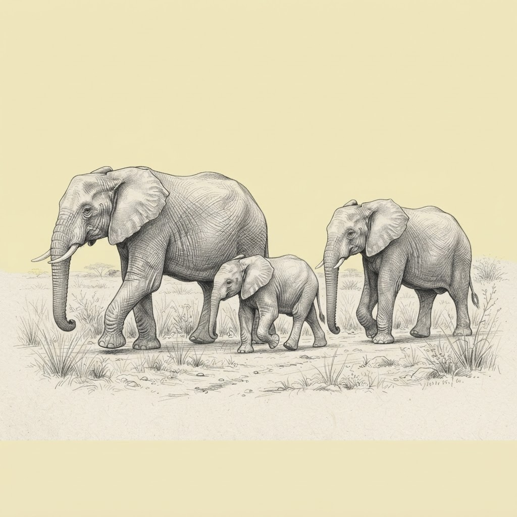 Engraved illustration of a family of elephants walking together